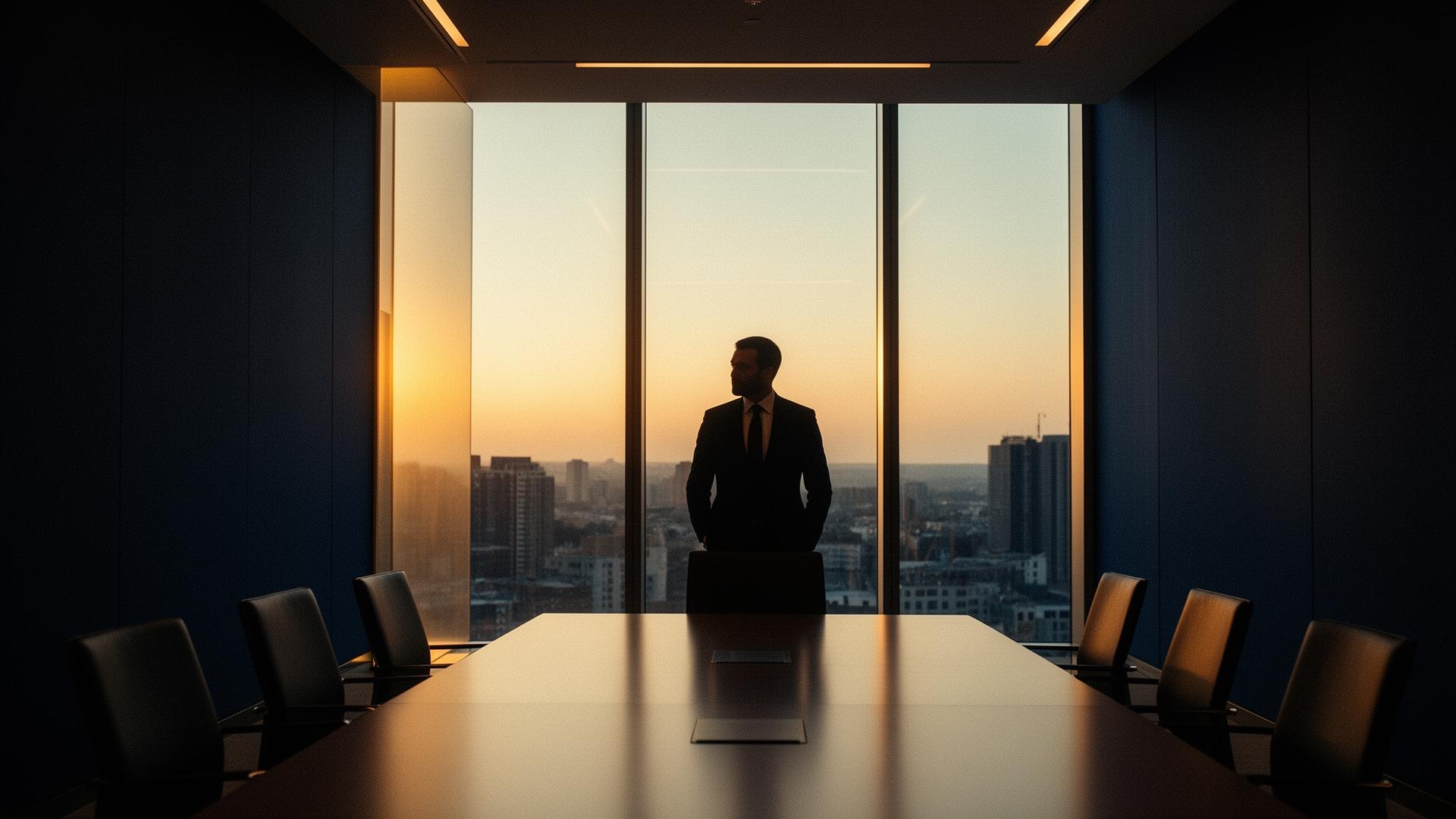 Executive at boardroom window at dusk